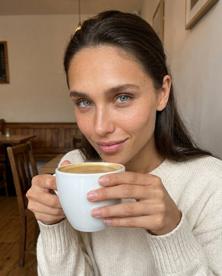 Anna with a coffee at the kitchen table