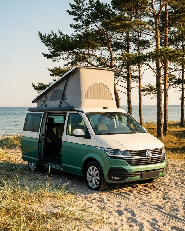 The van parked in the dunes, pop-top up