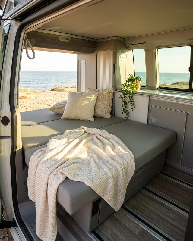 The van's bed made up, sea through the open door
